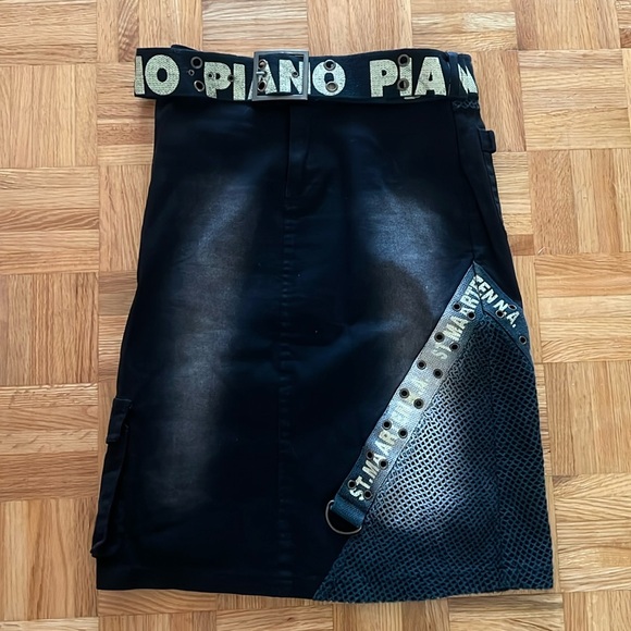 Pre-loved black denim midi skirt with belt - Picture 1 of 8